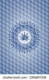 marijuana leaf, weed icon inside blue hexagon badge.