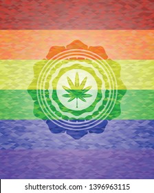 marijuana leaf, weed icon inside emblem on mosaic background with the colors of the LGBT flag