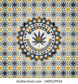marijuana leaf, weed icon inside arabic badge. Arabesque decoration.