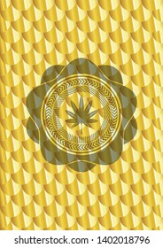 marijuana leaf, weed icon inside gold badge or emblem. Scales pattern. Vector Illustration. Detailed.
