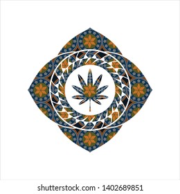 marijuana leaf, weed icon inside arabic style badge. Arabesque decoration.