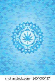 marijuana leaf, weed icon inside light blue emblem with mosaic background