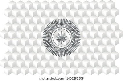 marijuana leaf, weed icon inside grey emblem. Vintage with geometric cube white background