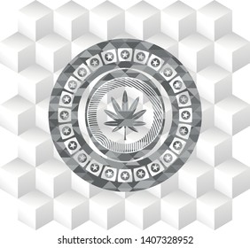 marijuana leaf, weed icon inside grey emblem. Retro with geometric cube white background