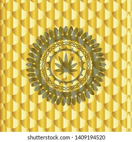 marijuana leaf, weed icon inside gold badge or emblem. Scales pattern. Vector Illustration. Detailed.