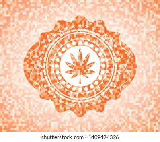 marijuana leaf, weed icon inside abstract orange mosaic emblem with background