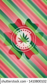 marijuana leaf, weed icon inside christmas colors emblem.