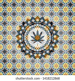 marijuana leaf, weed icon inside arabesque style badge. arabic decoration.