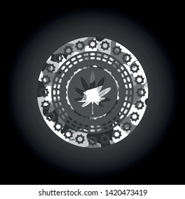marijuana leaf, weed icon inside grey camouflage emblem