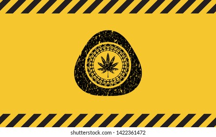marijuana leaf, weed icon inside warning sign, black grunge emblem. Vector Illustration. Detailed.