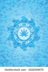 marijuana leaf, weed icon inside realistic sky blue emblem. Mosaic background