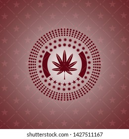 marijuana leaf, weed icon inside badge with red background