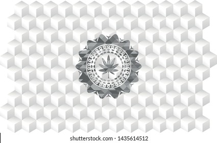 marijuana leaf, weed icon inside grey badge with geometric cube white background