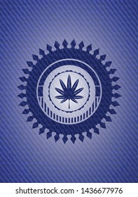 marijuana leaf, weed icon inside emblem with denim high quality background