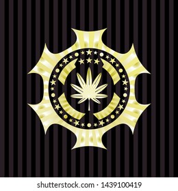 marijuana leaf, weed icon inside gold badge or emblem