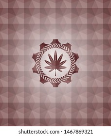 marijuana leaf, weed icon inside red badge with geometric pattern. Seamless.
