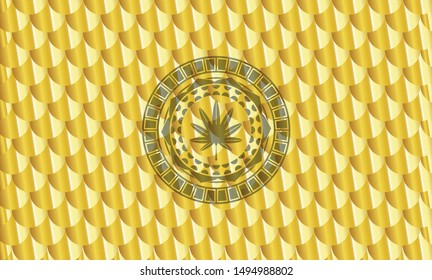 marijuana leaf, weed icon inside golden badge or emblem. Scales pattern. Vector Illustration. Detailed.