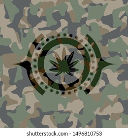 marijuana leaf, weed icon inside camouflaged emblem