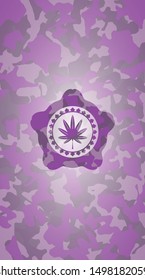 marijuana leaf, weed icon inside pink and purple camouflage texture