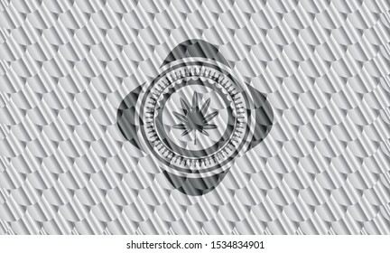 marijuana leaf, weed icon inside silver shiny emblem. Scales pattern. Vector Illustration. Detailed.
