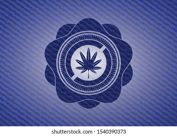 marijuana leaf, weed icon inside emblem with denim texture