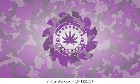 marijuana leaf, weed icon inside pink and purple camouflage emblem