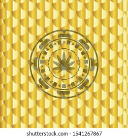 marijuana leaf, weed icon inside golden badge or emblem. Scales pattern. Vector Illustration. Detailed.