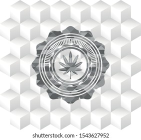 marijuana leaf, weed icon inside grey emblem. Retro with geometric cube white background