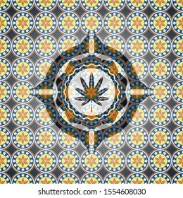 marijuana leaf, weed icon inside arabesque emblem background. arabic decoration.