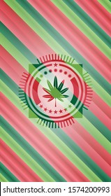 marijuana leaf, weed icon inside christmas colors style badge.