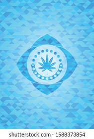 marijuana leaf, weed icon inside sky blue emblem with mosaic background