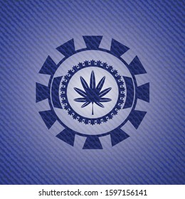 marijuana leaf, weed icon inside badge with jean texture