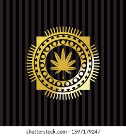 marijuana leaf, weed icon inside golden badge or emblem