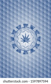 marijuana leaf, weed icon inside blue emblem or badge with geometric pattern background.