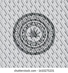 marijuana leaf, weed icon inside silver color badge or emblem. Scales pattern. Vector Illustration. Detailed.