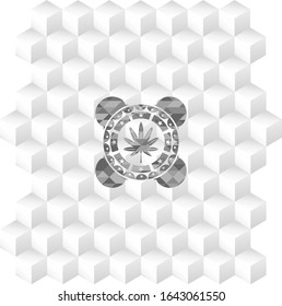 marijuana leaf, weed icon inside grey icon or emblem with geometric cube white background