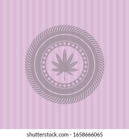 hoja de marihuana, ícono de hierba dentro del emblema rosado. Vintage.
