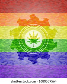 marijuana leaf, weed icon inside emblem on mosaic background with the colors of the LGBT flag