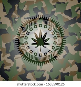 marijuana leaf, weed icon inside camo texture