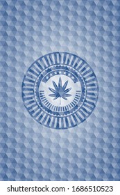 marijuana leaf, weed icon inside blue badge with geometric background.