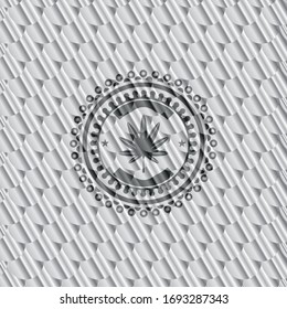 marijuana leaf, weed icon inside silver badge or emblem. Scales pattern. Vector Illustration. Detailed.