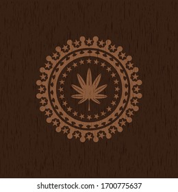 marijuana leaf, weed icon inside retro wood emblem