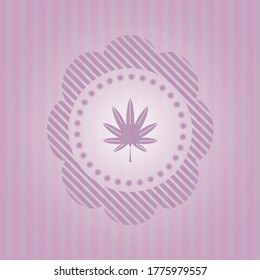hoja de marihuana, ícono de hierba dentro de icono rosa o emblema. Diseño conceptual.