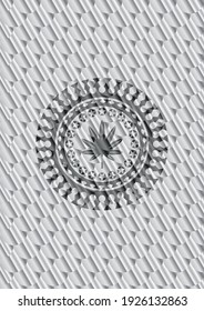marijuana leaf, weed icon inside shiny silver badge. Scales pattern. Vector Illustration. Detailed. 