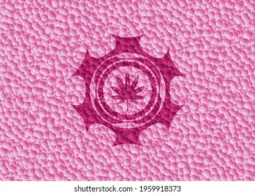 marijuana leaf, weed icon inside retro style pink emblem with bubbles background. Vector Illustration. Detailed. 