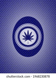 marijuana leaf, weed icon inside jean or denim emblem or badge background. 