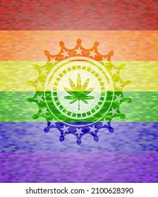 marijuana leaf, weed icon inside emblem on mosaic background with the colors of the LGBT flag. 