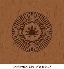 hoja de marihuana, ícono de hierba dentro del emblema de madera retro. 