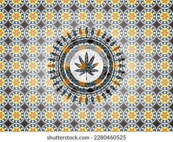 marijuana leaf, weed icon inside arabesque emblem background. arabic decoration. 