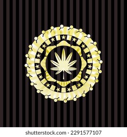 marijuana leaf, weed icon inside gold shiny badge. 